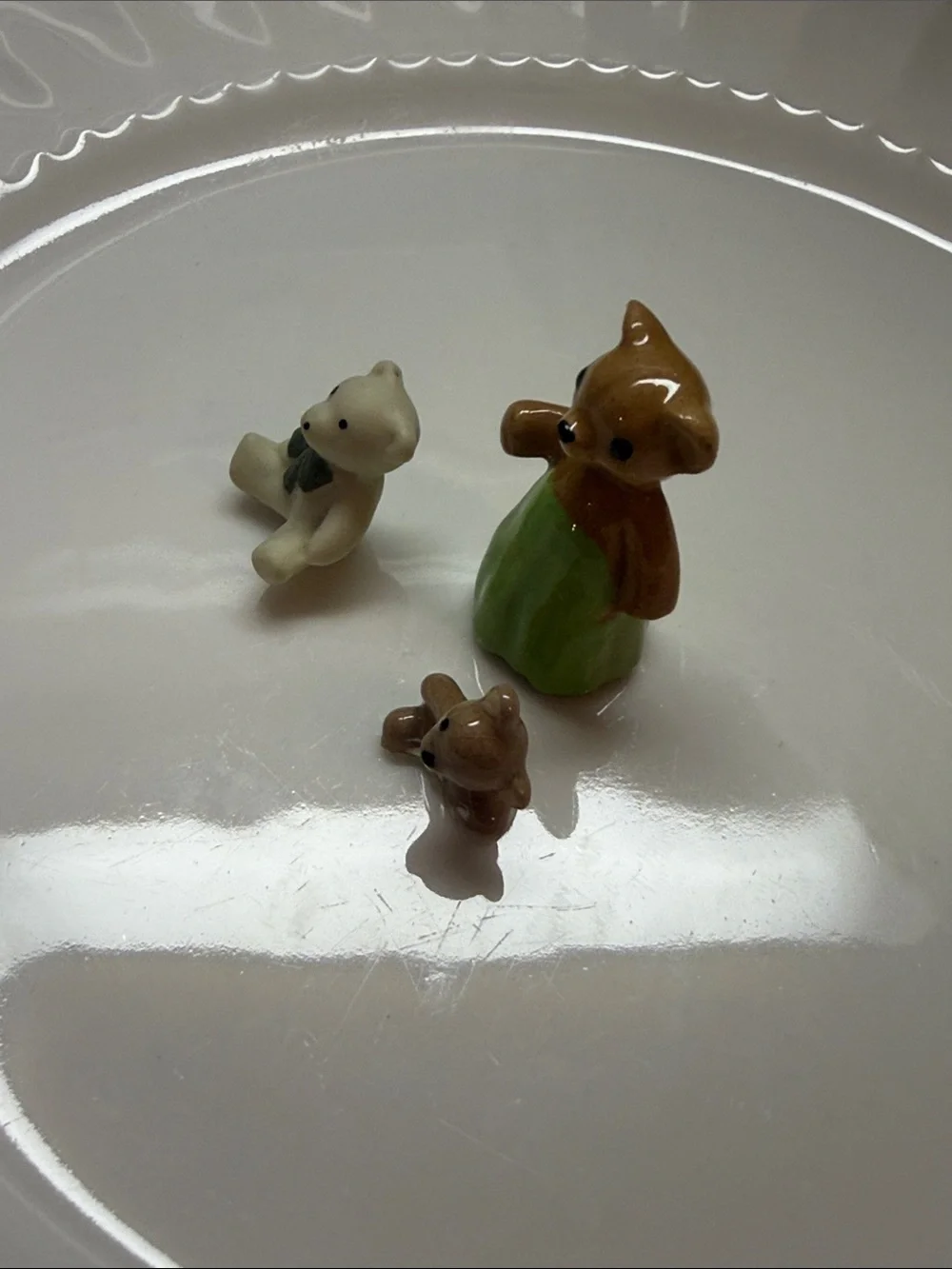 Vintage miniature Ceramic teddyBear Figurine Set with Green Dress - Hagen Renakr